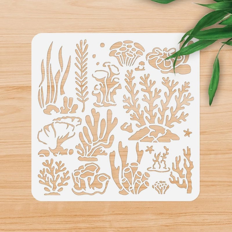 DOODLREAM 12 Styles Coral Seaweed Stencil for Painting, 11.8"x11.8"Reusable Seagrass Sea Plants Stencil Drawing Template, DIY Craft Paint Template for Wall Home Decor Wood Burning Card Journal Fabric - Image 4